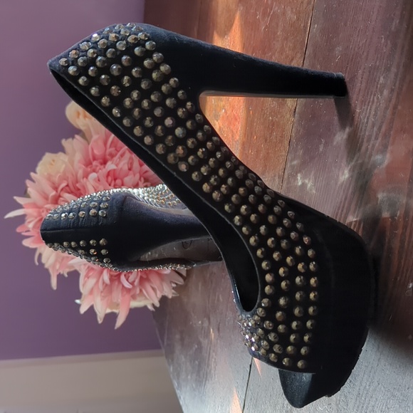 Candies Velvet Platform High Heel Rhinestone Peep Toe Pumps - Picture 10 of 13